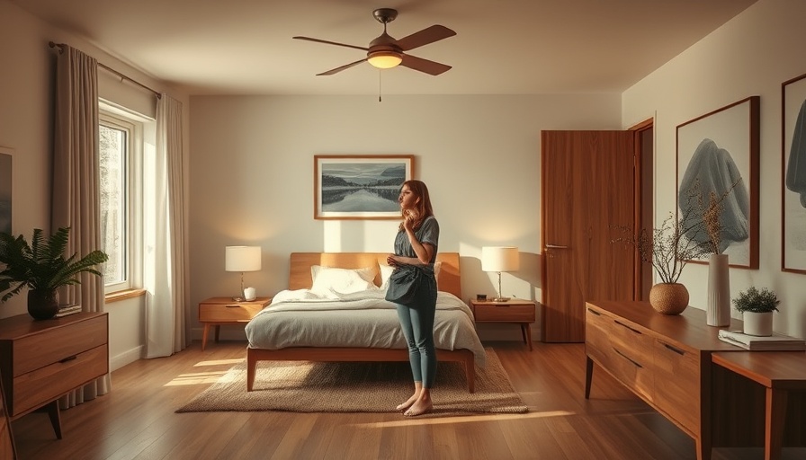 Modern woman exploring mid-century home interior for investment.