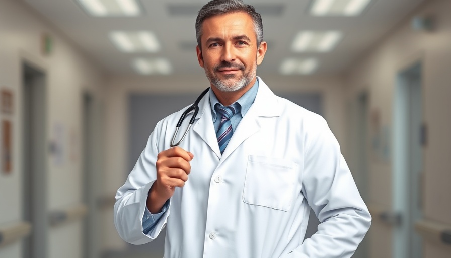 Doctor in white coat with stethoscope in hospital setting.