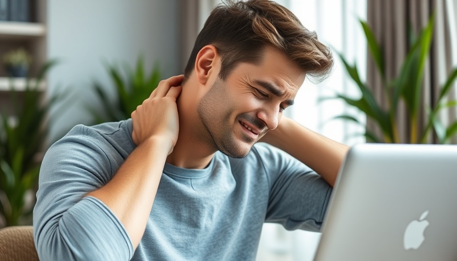 Man at home with neck pain using a laptop, health insurance for homebodies.