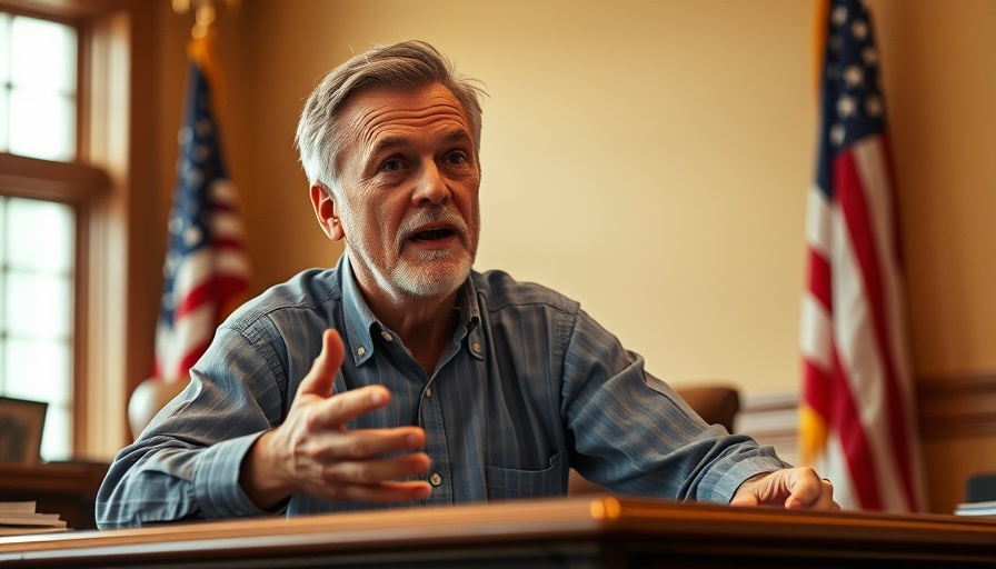 Middle-aged man discussing at desk, American flag backdrop, Dog Bite Liability.