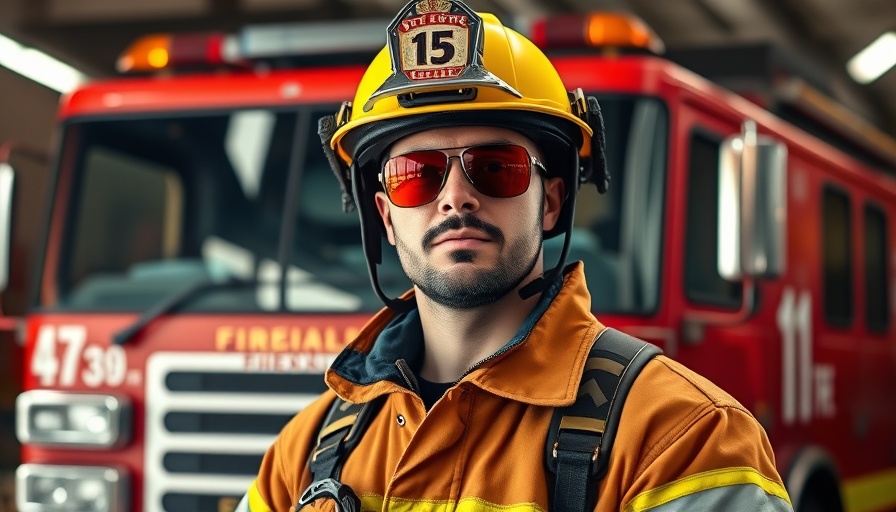 Firefighter with helmet and sunglasses in fire station, vision loss focus.