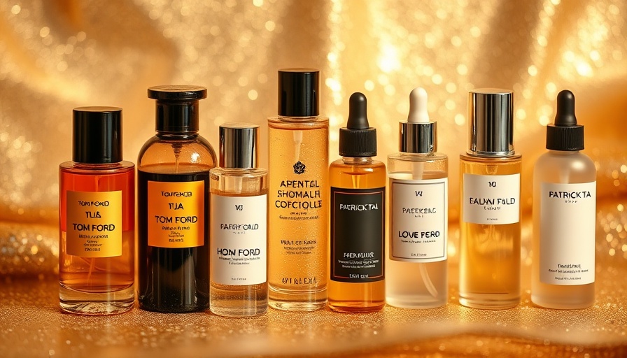 Assortment of best body shimmer oils on a glittering background.