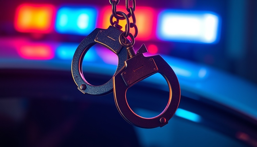 Silver handcuffs and flashing lights symbolize justice.