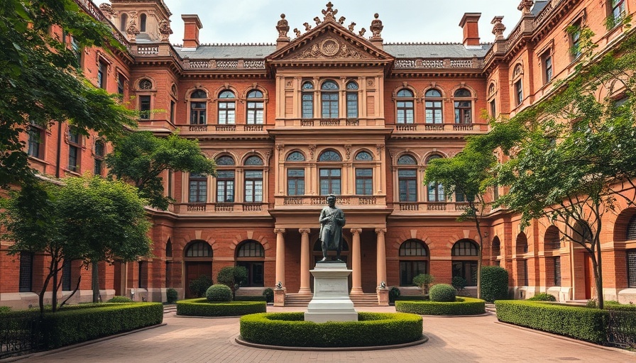 Madras High Court building with statue in courtyard, late afternoon.