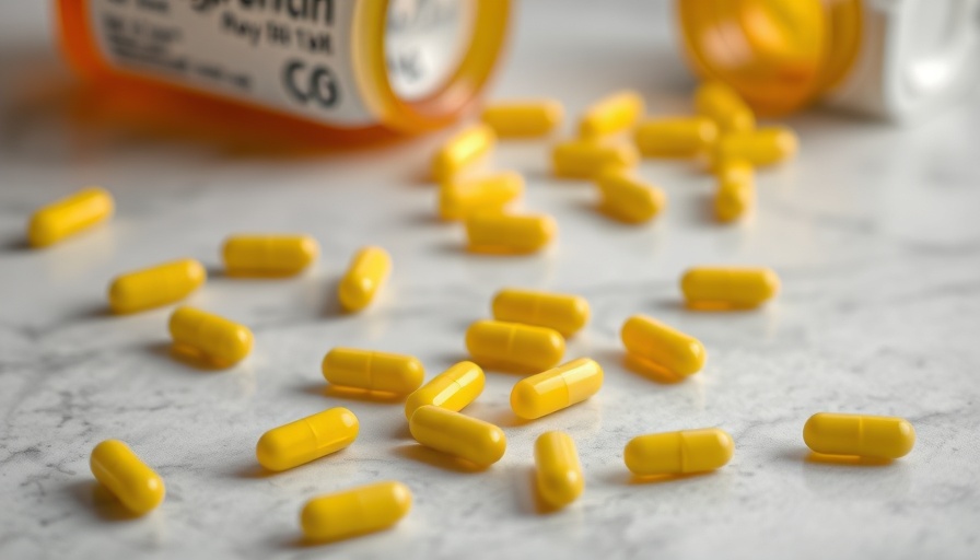 Yellow gabapentin capsules on gray surface near prescription bottle.