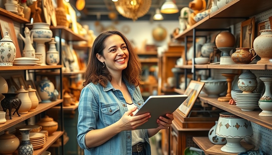 Thrifting for home decor scene with cheerful woman in vintage shop.