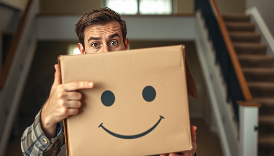 Humorous scene with a man pointing at a box with a face.