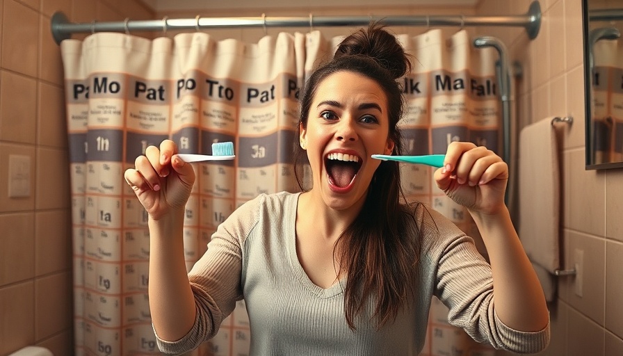 Energetic woman demonstrating quick dental hygiene routine in lively bathroom.