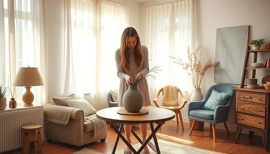 Chic woman arranging thrifted furnishings in sunlit room