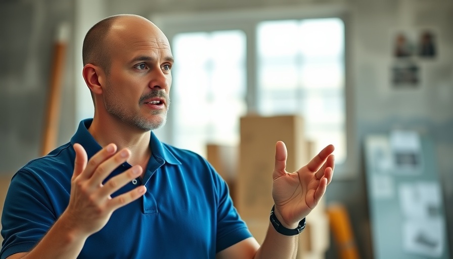 Home improvement expert in blue polo shirt gesturing confidently.