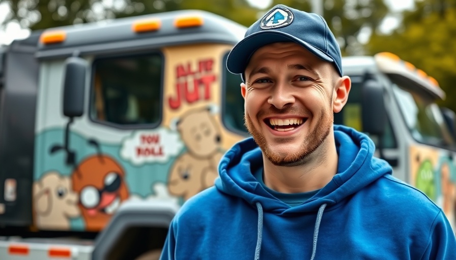 Roofing tips shared by a man in casual attire in front of a truck with cartoon graphics.