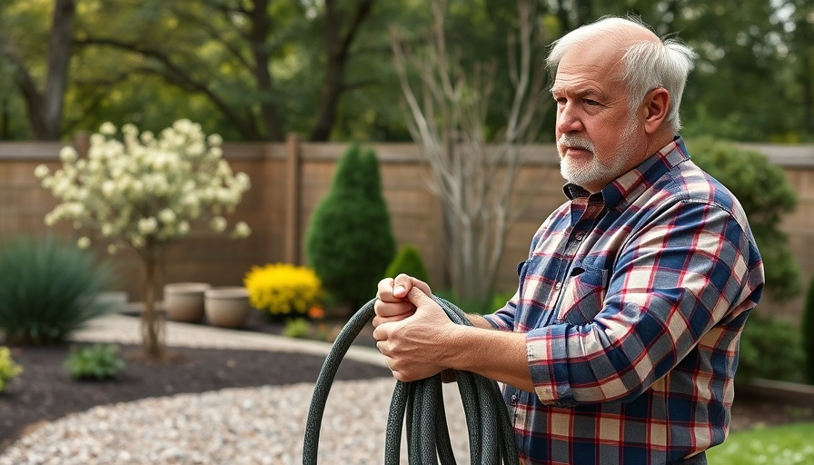 Middle-aged man instructing on outdoor home improvement.