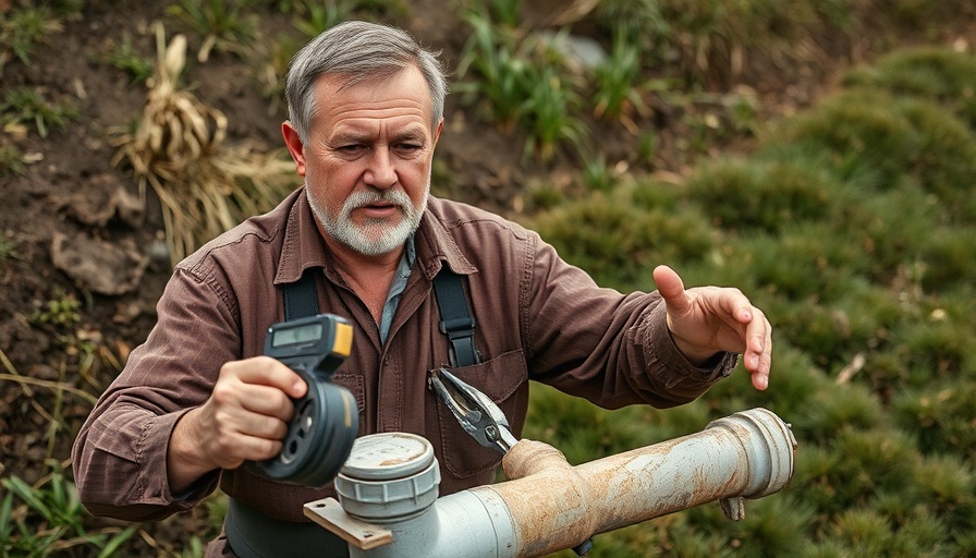 Middle-aged man demonstrating pipe repair in a garden for home improvement.