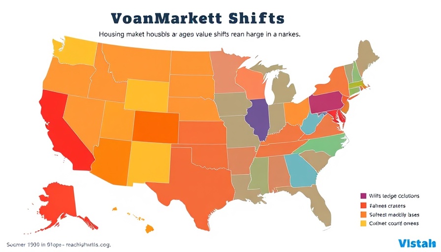 Map showing US housing market shifts with top state gains and losses.