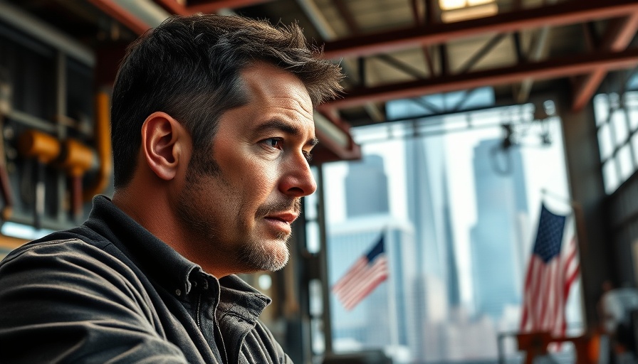 Focused man sharing roofing tips in industrial setting with cityscape.