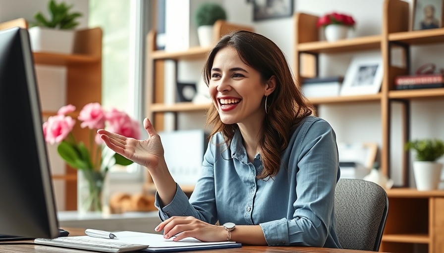 Cheerful woman discussing refinance mania in home office.
