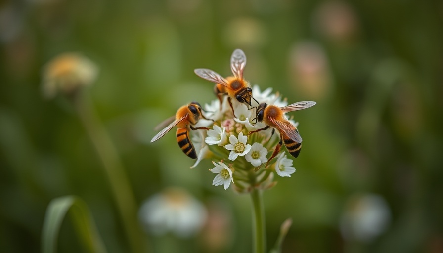 Close-up of long-horned bees pollinating a native plant, meadow backdrop.