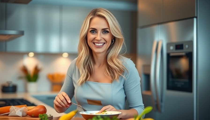 Blonde woman cooking in a modern kitchen, relaxed atmosphere.