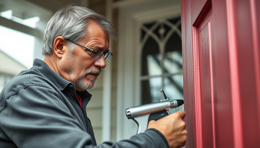 Middle-aged man refreshing front door with spray gun outdoors.