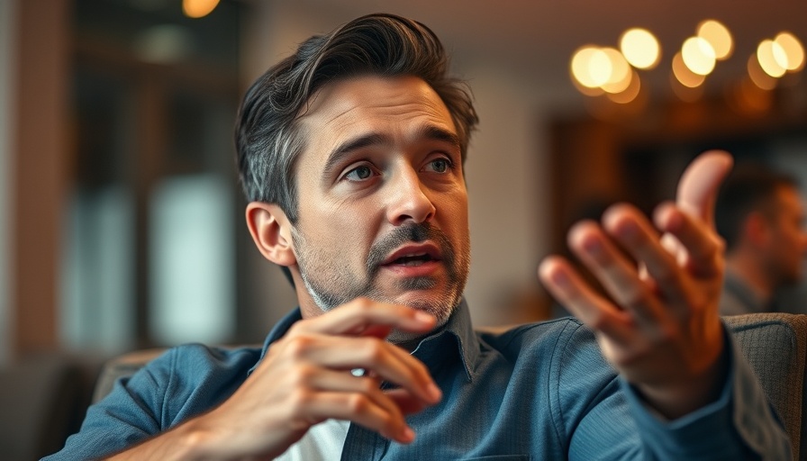 Casual man passionately discussing a topic indoors.