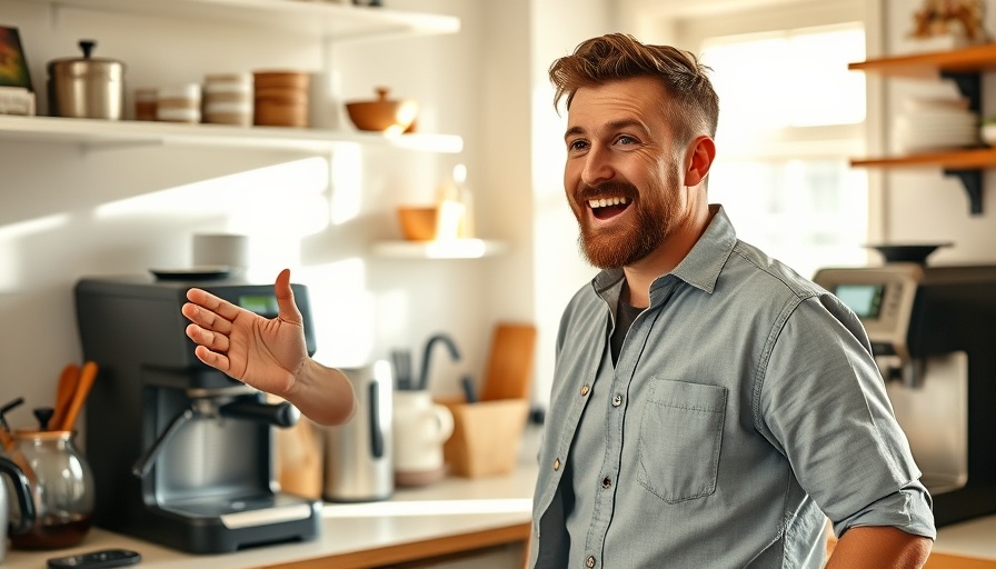 Man explaining coffee machine, talking about sweeteners in coffee health impact.