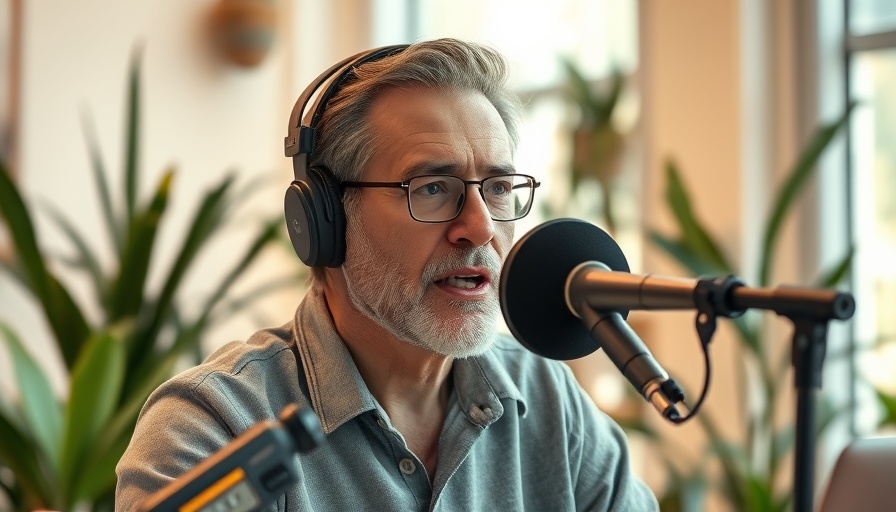 Middle-aged man podcasting, discussing health, Losing Your Period Health Implications.