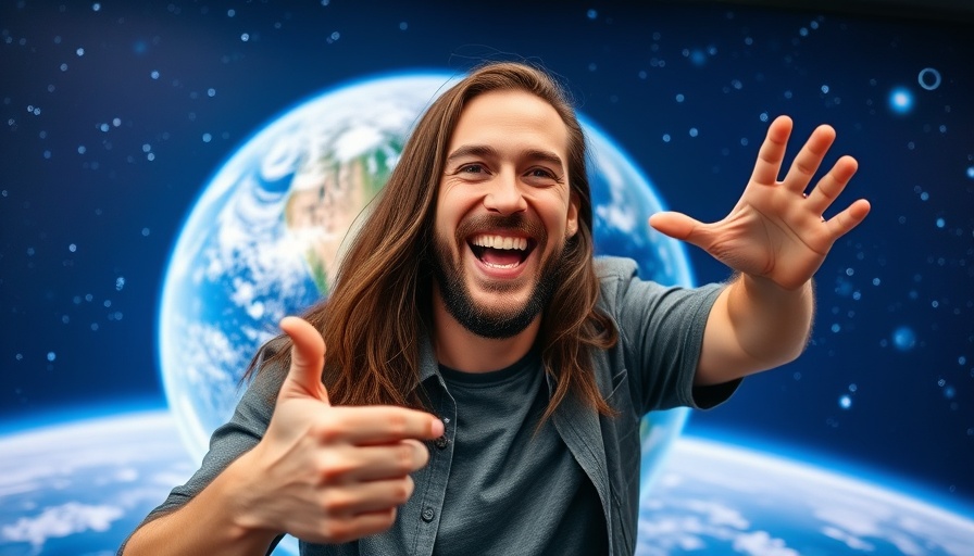 Cheerful man in front of Earth, Transcending Fear theme.