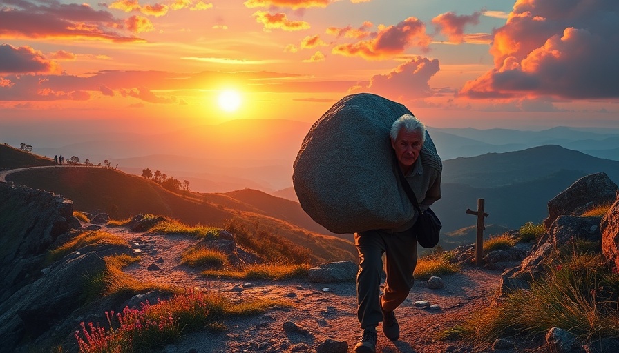Elderly man carrying a boulder uphill towards sunrise, symbolizing overcoming regrets and living fully.