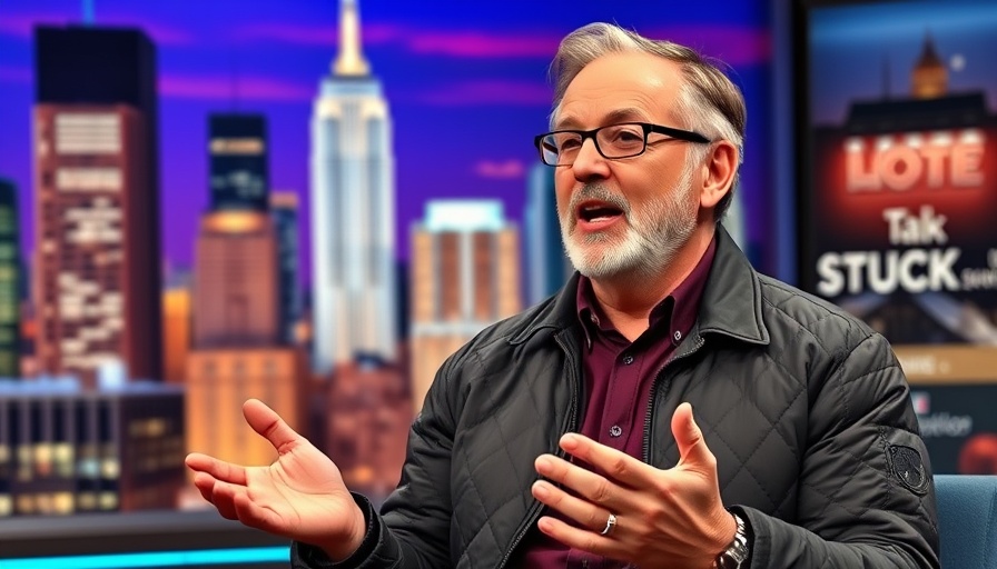 Mature man discussing Biohacking Insights on a dynamic talk show set.