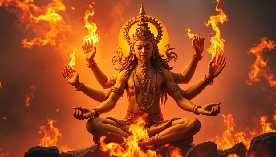 Ancient deity meditation scene in a fiery, mystical setting, related to the simulation hypothesis and ancient civilizations.