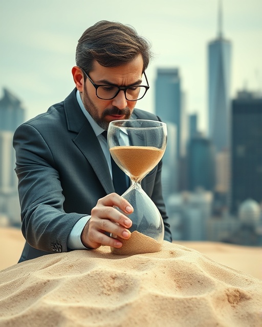 business executive with hourglass, focused expression, planning meticulously, photorealistic, modern city skyline as background, highly detailed, flowing sand, crisp textures, cool neutrals, ambient flat lighting, shot with an 85mm lens