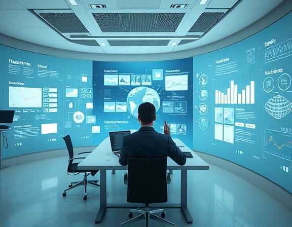 intuitive Tech Interface, user-friendly, interacting, photorealistic, a minimalist office space with touchscreen walls, highly detailed, information flowing across surfaces, high definition, ethereal white, indirect lighting, shot with a telephoto lens.