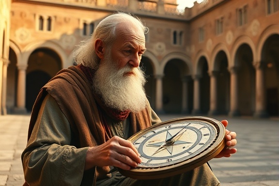 wise elder with sundial, contemplative expression, explaining time concepts, photorealistic, sitting in a sunlit courtyard with roman architecture, highly detailed, shadows move with time, warm earth tones, golden hour, shot with a 35mm lens
