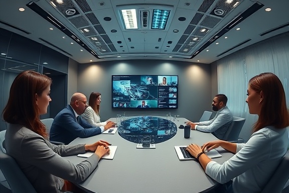 integrated Tech Solutions, collaborative, streamlining, photorealistic, a virtual conference room with diverse avatars, highly detailed, real-time communication and data exchange, 5K resolution, corporate grey, soft spotlighting, shot with a fisheye lens.