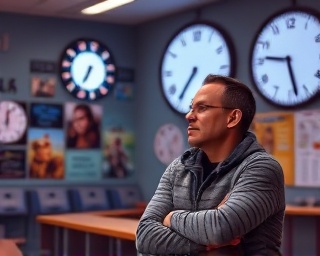 teacher in classroom with clock projections, thoughtful expression, guiding through history, photorealistic, walls lined with time-related posters, highly detailed, futuristic holograms, vibrant colors, soft fluorescent lighting, shot with a 24mm lens