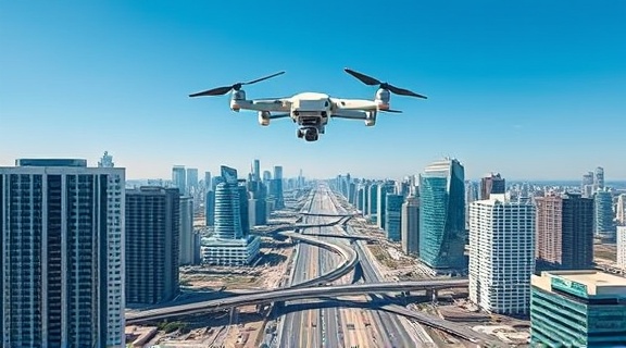 advanced NXG Tech, pioneering, elevating, photorealistic, an aerial view of a smart city, highly detailed, drones and smart transport systems, full HD, sky blue, natural sunlight, shot with a long-range lens.