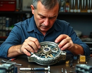 engineer working on a timepiece, determined expression, assembling components, photorealistic, cluttered workbench with precision tools, highly detailed, ticking mechanisms, metallic silver and cobalt, sharp directional lighting, shot with a macro lens