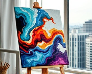 artist painting time flow, immersed expression, capturing fluidity, photorealistic, canvas set against a window with a cityscape view, highly detailed, swirling paint, vivid primaries, soft natural lighting, shot with a 50mm lens