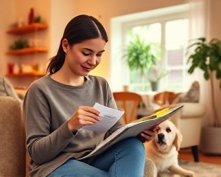 mother organizing family schedule, nurturing expression, balancing tasks, photorealistic, cozy living room with a playful pet, highly detailed, colorful sticky notes, pastel shades, warm ambient light, shot with a 35mm lens