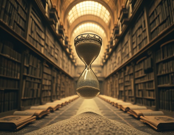 enigmatic time guide, focused, orchestrating the flow of an hourglass river, photorealistic, inside a vast library with towering shelves of scrolls, highly detailed, grains of sand suspended mid-air, superfine detail, sepia tones and warm highlights, soft ambient lighting, shot with an 85mm prime lens.