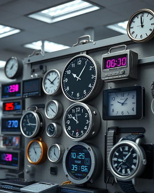 wise time management, determined, efficiently organizing clocks and watches, photorealistic, set in a modern office with digital displays, highly detailed, digital alarms and ticking sounds, finely tuned accuracy, silver and gray contrast, overhead LED lighting, shot with a 24mm wide-angle lens.
