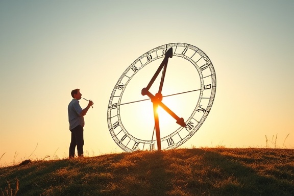 masterful time expertise, thoughtful, calibrating a massive astral sundial, photorealistic, atop a grassy hill under a crisp, clear sky, highly detailed, sun's movement casting dynamic shadows, exceptionally sharp clarity, golden sunset and deep shadows, long exposure lighting, shot with a 135mm telephoto lens.
