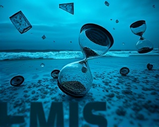 heroic time mastery, victorious, battling against a chaotic storm of broken hourglasses, photorealistic, on a stormy beach with crashing waves, highly detailed, shards of glass reflecting light, breathtaking resolution, midnight blue with icy whites, dramatic storm lighting, shot with a 16mm fisheye lens.