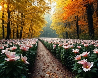 serene time guide, peaceful, walking through a garden of blossoming clock flowers, photorealistic, within a mystical forest aflame with fall colors, highly detailed, petals ticking softly, immaculate detail, pastel color scheme, dappled sunlight filtering through leaves, shot with a 100mm macro lens.