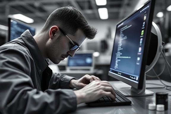 sleek Interactive Gregai design, focused, crafting a digital interface, photorealistic, in a modern tech lab with polished surfaces, highly detailed, screens flickering with code, ultra-high-definition, monochrome color palette, soft ambient lighting, shot with a macro lens.