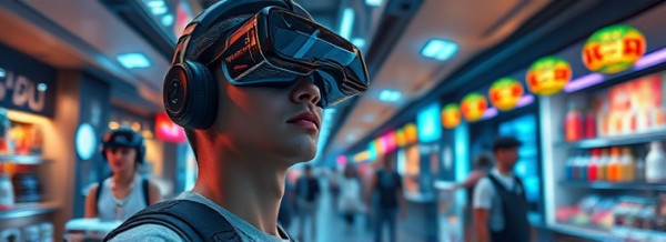 interactive Interactive Gregai user, curious, exploring an augmented reality, photorealistic, in a bustling virtual marketplace with avatars and AI, highly detailed, interactive elements blending seamlessly, rendered in 4K, vibrant color mix, chiaroscuro lighting, shot with a standard zoom lens.