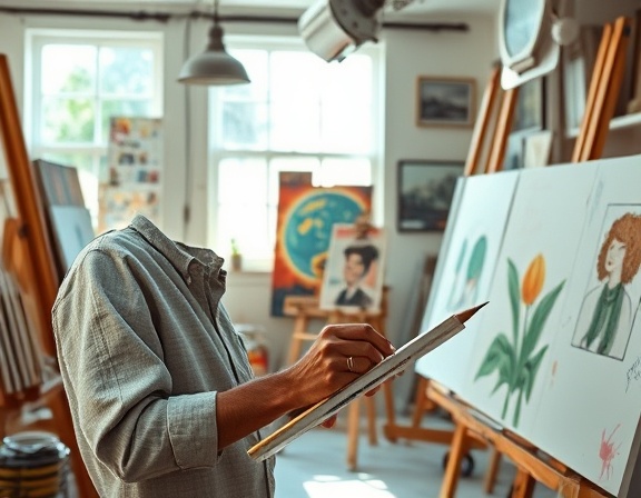 visionary Johnson, inspired expression, sketching his ideas, photorealistic, spacious studio filled with canvases and art supplies, highly detailed, paint splatters visible, macro shot, pastel colors, natural light streaming in, shot with a 35mm lens.