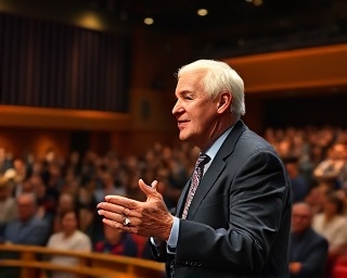 visionary Greg, determined expression, presenting on stage, photorealistic, grand auditorium with an audience in awe, highly detailed, movement of hands emphasizing points, crisp lines, warm tones, spotlight lighting, shot with a 85mm lens.