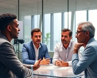 Greg Johnson Visionary, engaged expression, discussing with a group, photorealistic, modern conference room with glass walls, highly detailed, gestures highlighting collaboration, high resolution, neutral colors, soft diffused lighting, shot with a 70-200mm lens.