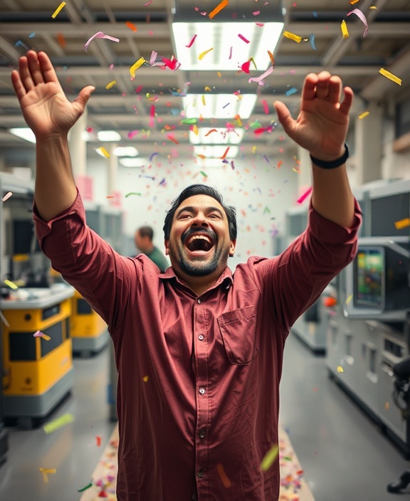 Visionary Greg Johnson, joyful expression, celebrating a breakthrough, photorealistic, bustling lab with advanced equipment, highly detailed, confetti in mid-air, fine-grain texture, bright colors, evocative lighting, shot with a 24-105mm lens.